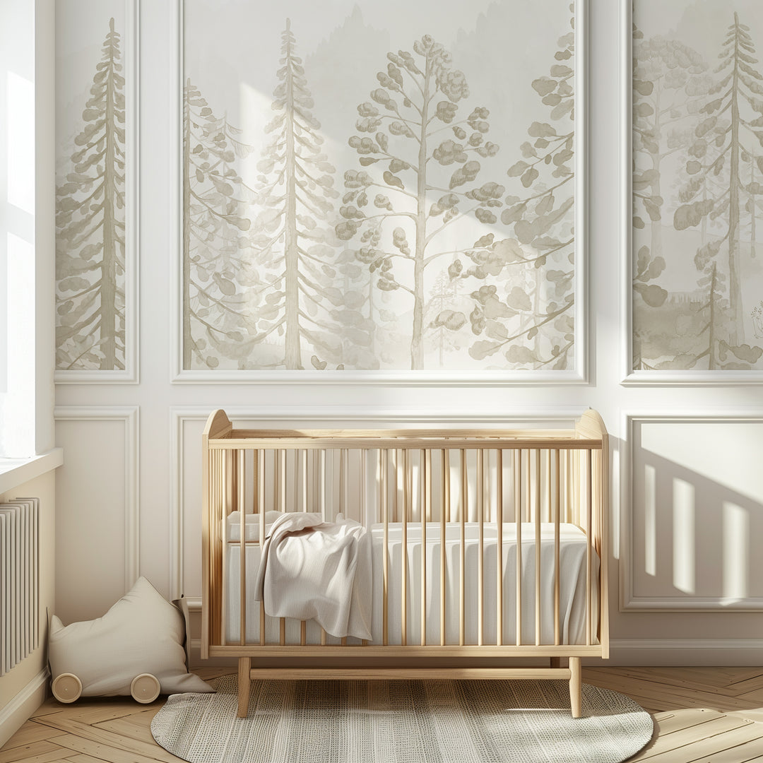 Neutral Woodland Whispers Wallpaper Mural - Nursery Foggy Pine Tree Forest Scene