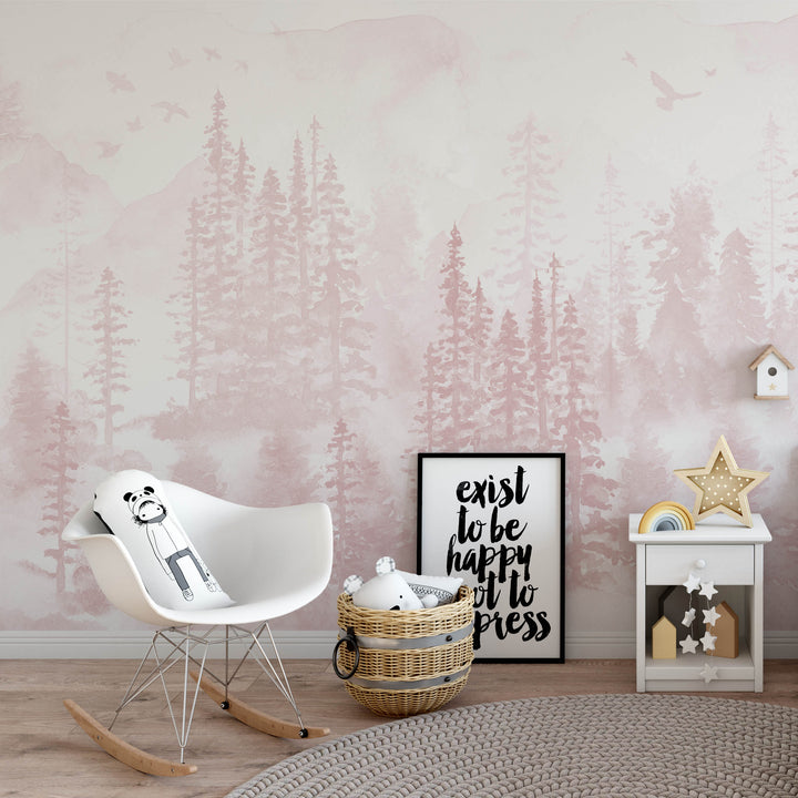 Girly Winter Forest in Pink Mural | Woodland Pine Trees Girls Kids Nursery Wallpaper