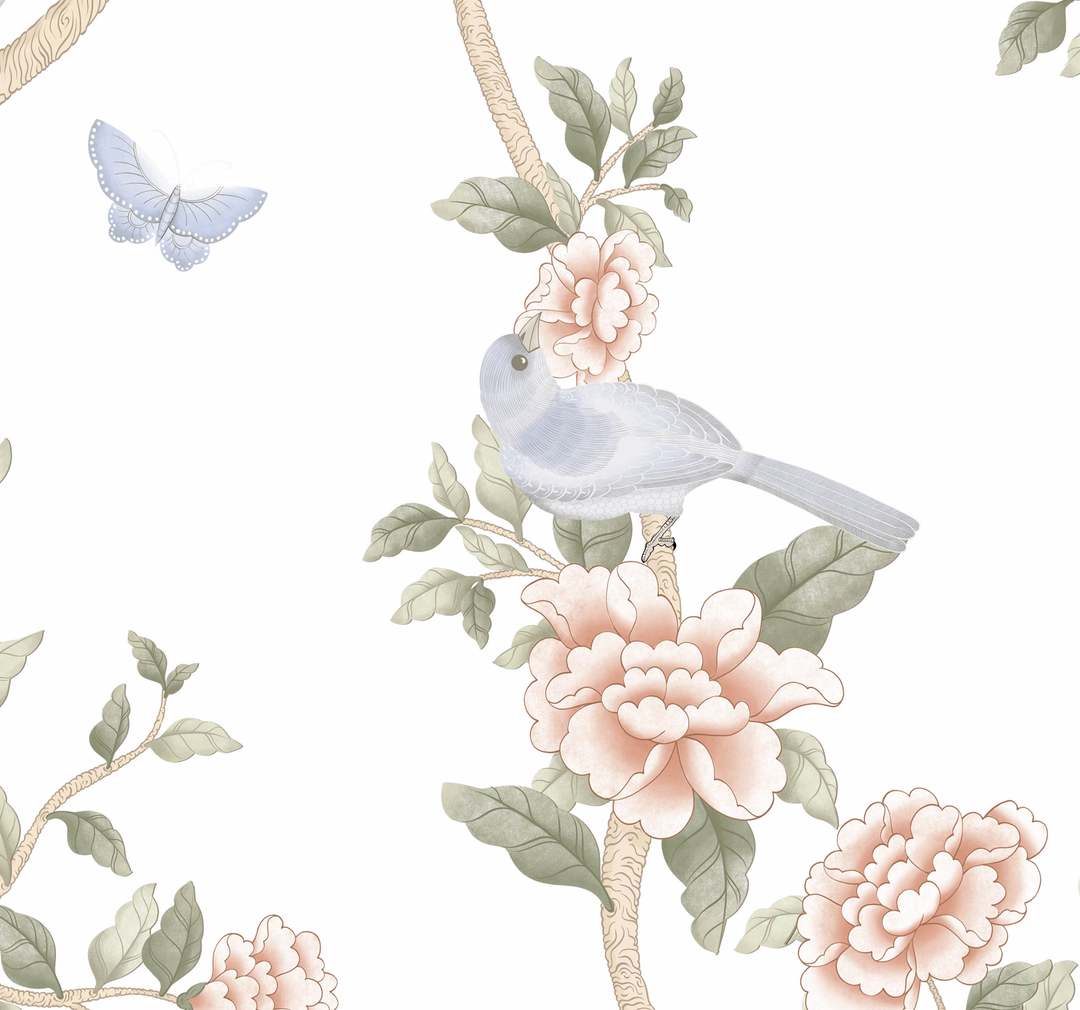 Le Tariche Chinoiserie Mural in Pastels and White | Floral Elegant Girl Nursery Wallpaper