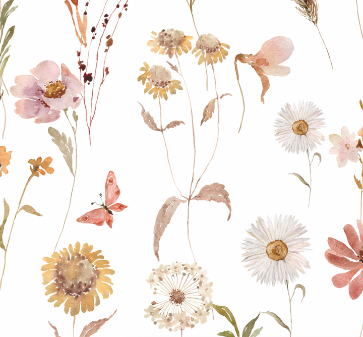 Watercolor Soft Wild Flowers Wallpaper Mural | Delicate Boho Floral Girl Nursery Wallpaper