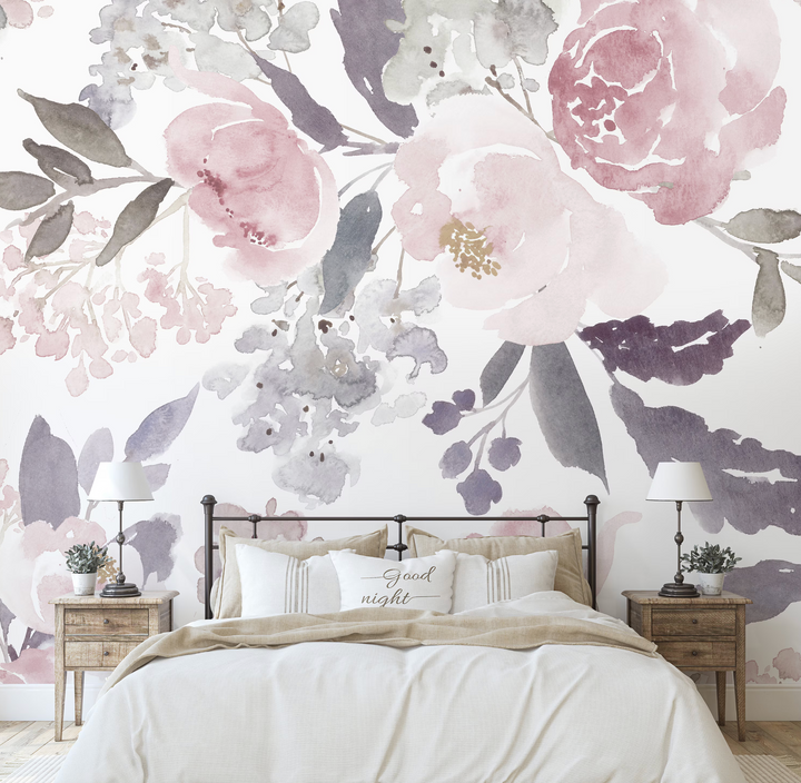 Delicate Forest Floral Wallpaper Mural | Delicate Watercolor Floral Girl Nursery Wallpaper