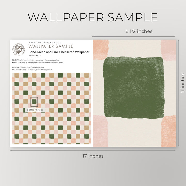 Boho Green and Pink Checkered Wallpaper