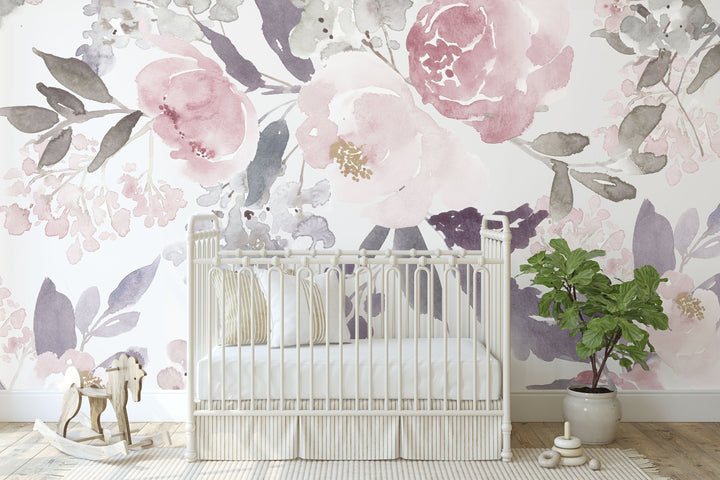 Delicate Forest Floral Wallpaper Mural | Delicate Watercolor Floral Girl Nursery Wallpaper