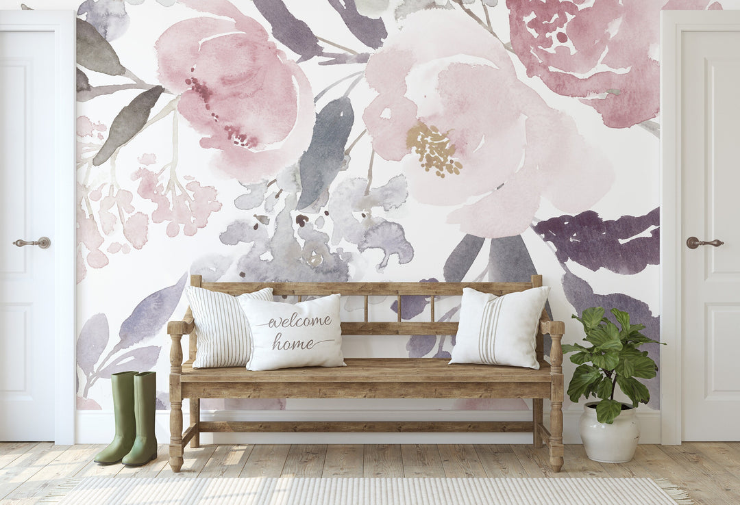 Delicate Forest Floral Wallpaper Mural | Delicate Watercolor Floral Girl Nursery Wallpaper