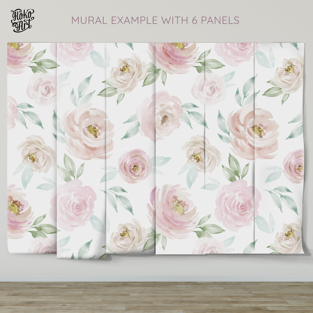 Watercolor Rose Wallpaper Mural | Floral Girl Nursery Wallpaper