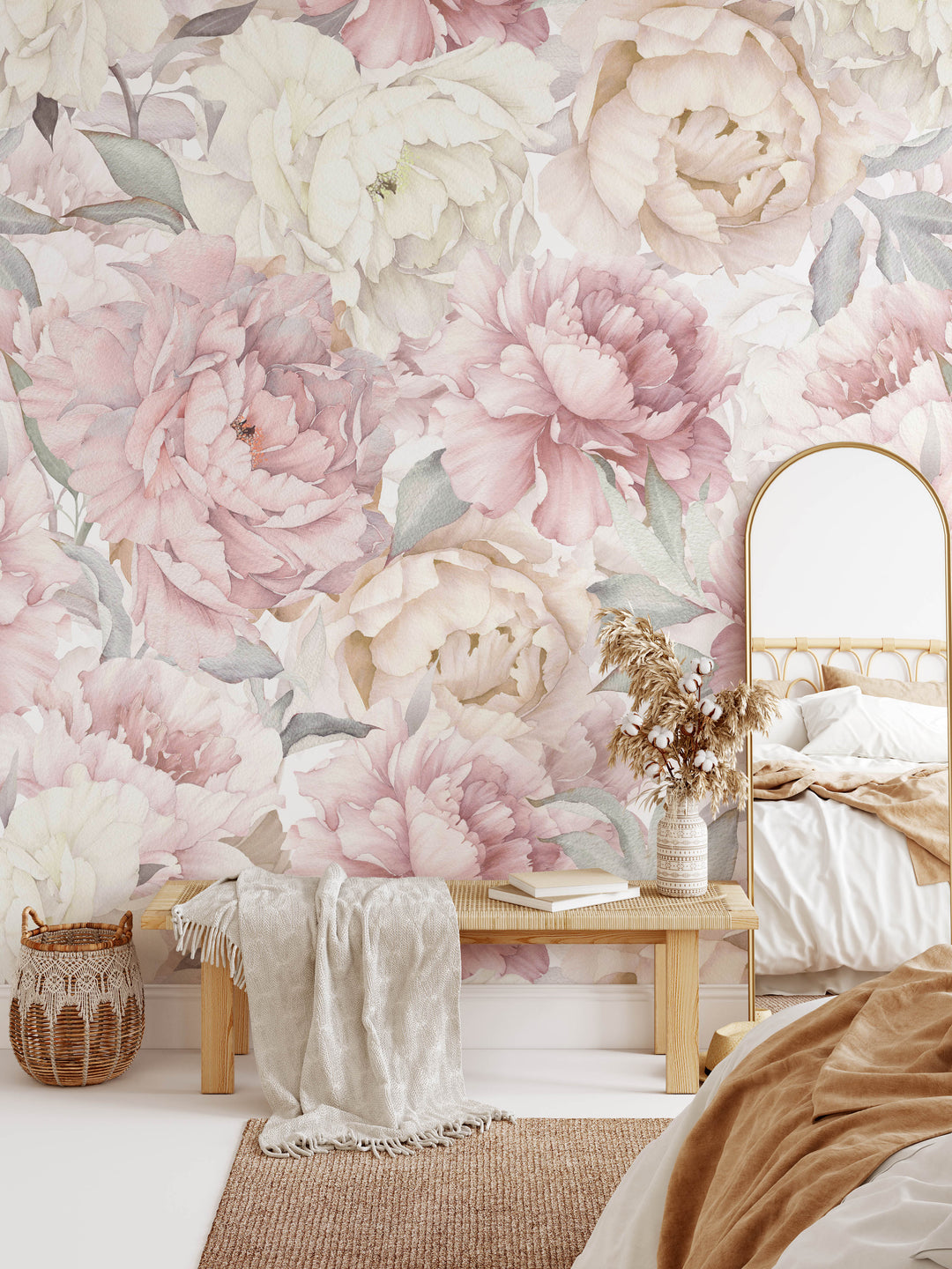 Muted Watercolor Peony Bouquet  Peel and Stick Wallpaper – Koko