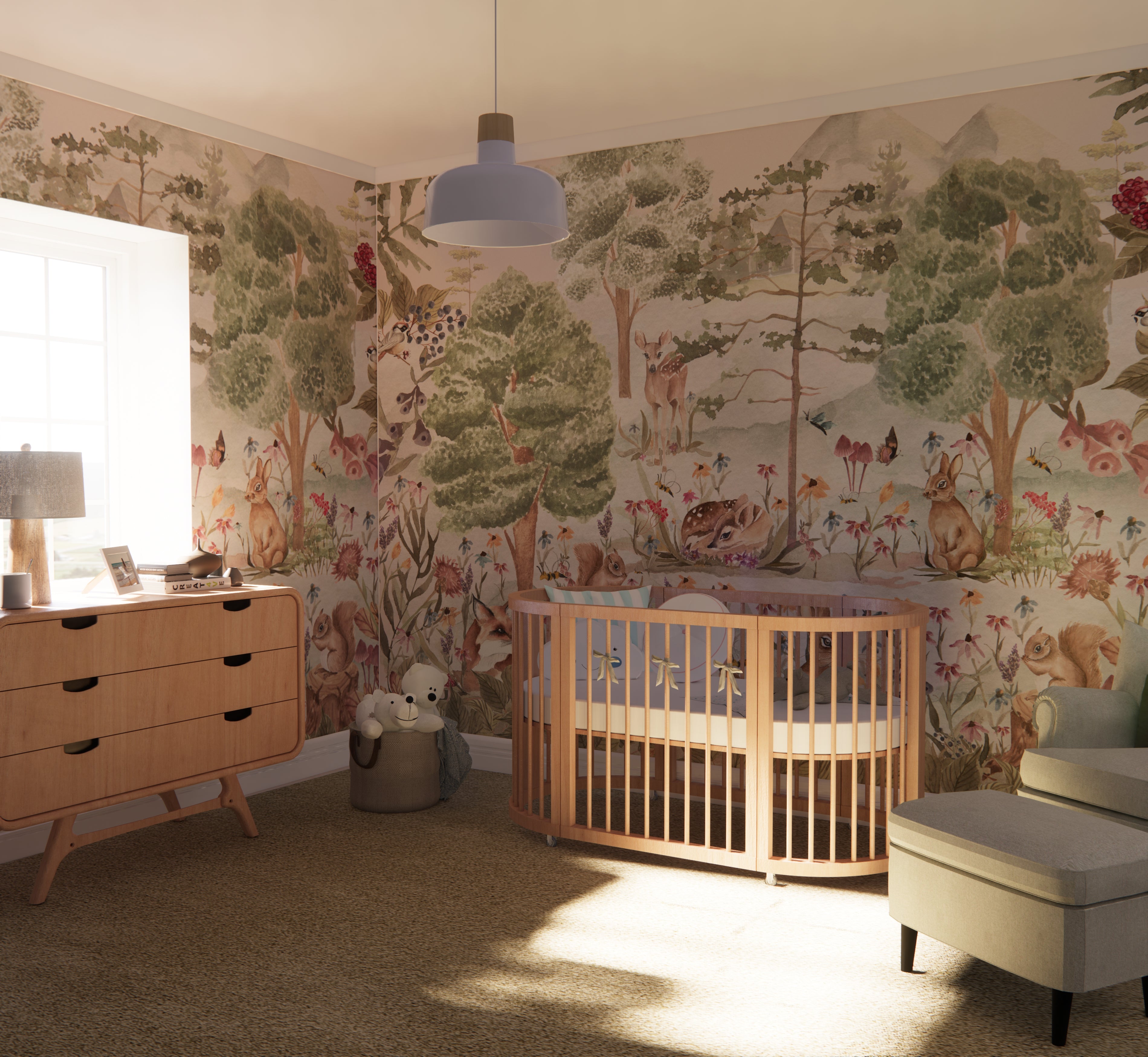 Woodland nursery store wallpaper