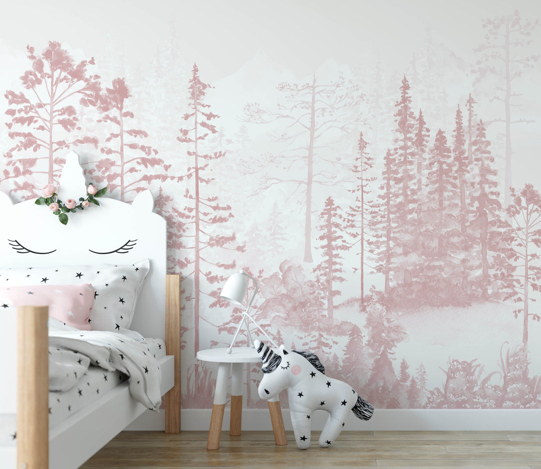 Foggy Pine Tree Forest in Pink Mural