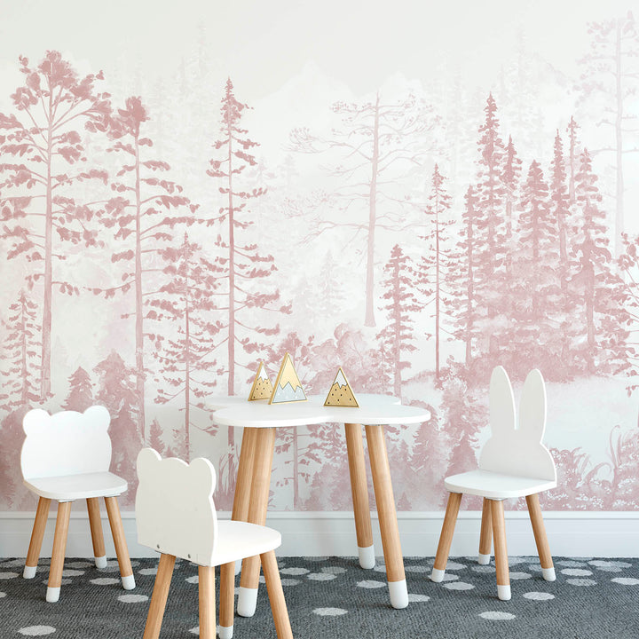 Foggy Pine Tree Forest in Pink Mural